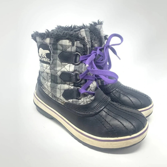 Sorel Tivoli II Leather Plaid Lace-Up Snow Boots Black Gray Purple Size US 5 - Picture 4 of 11